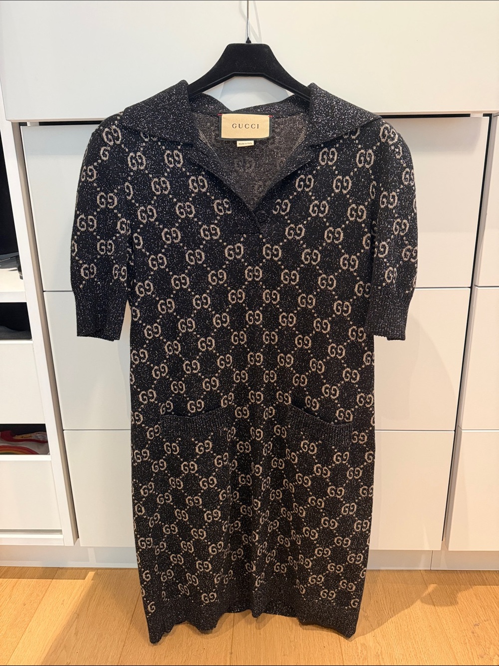 Gucci Black GG Supreme Jacquard Lurex Knit Mini Polo Dress XS